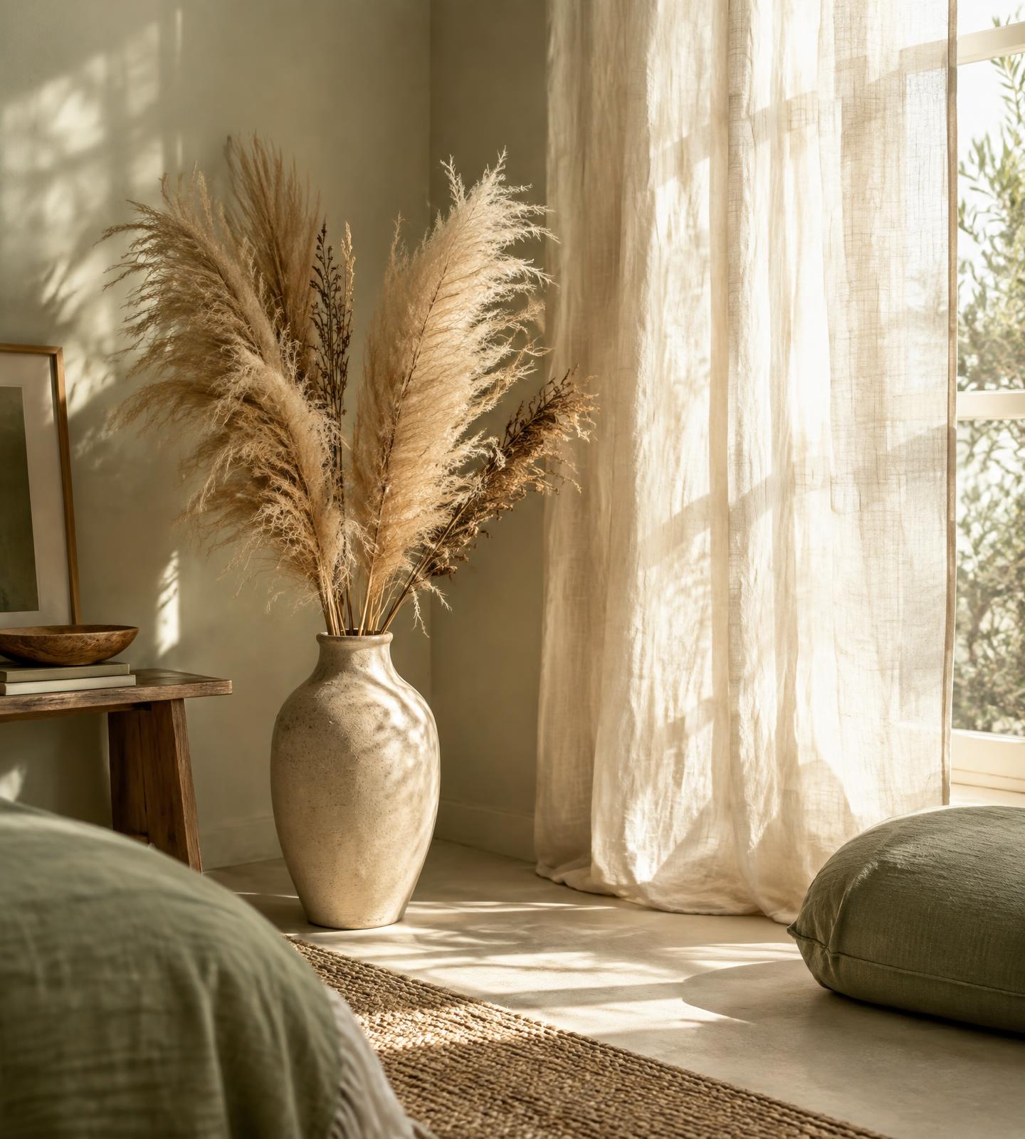 A calm, sunlit corner with linen and dried grasses